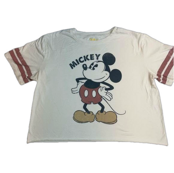 Disney Mickey Mouse Cropped T-Shirt Tee Baseball 3/4 sleeves vintage look retro - Picture 1 of 10